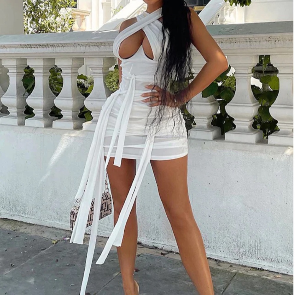 PLT White Mesh Wrap Neck Tie Bodycon Dress